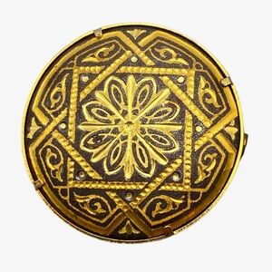 Vintage Toledo Damascene Style Round Brooch Geometric Design Trombone Clasp